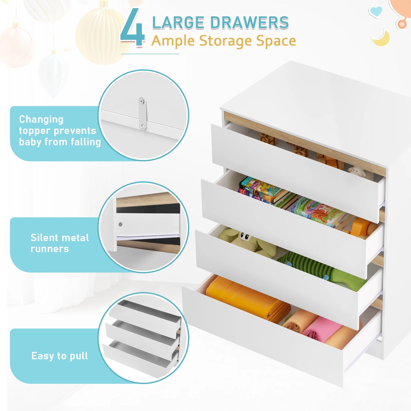 WOLTU White Baby-Kids MDF Wood 4 Large Drawers Diaper Changing Tables Dresser Combo