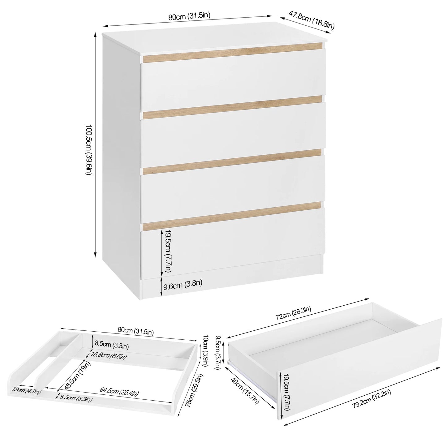 WOLTU White Baby-Kids MDF Wood 4 Large Drawers Diaper Changing Tables Dresser Combo
