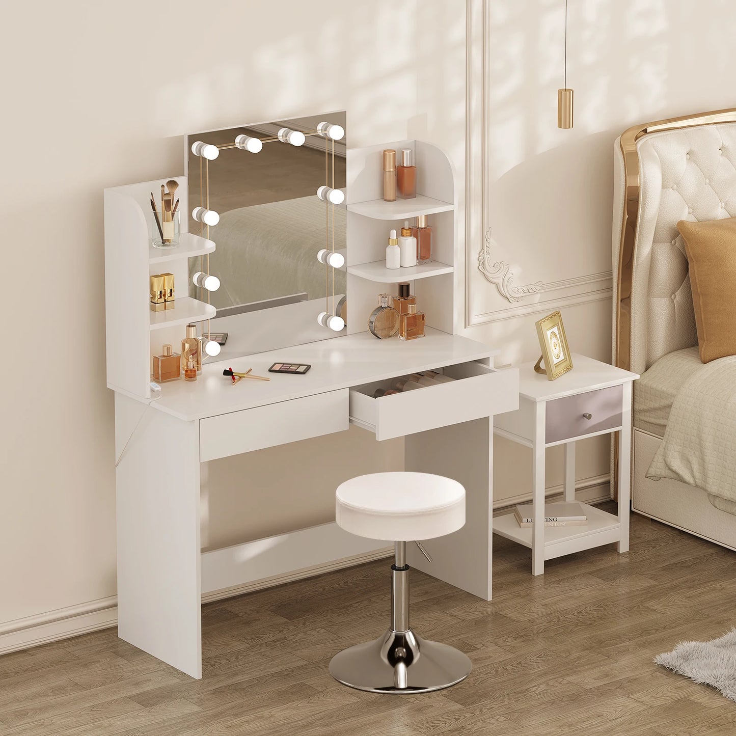 Wood White Vanity Dressing Table Set w/ LED Lighting for Stool/ Height-Adjustable Chair/ Table -108 x 142 x 40 cm (W x H x D)