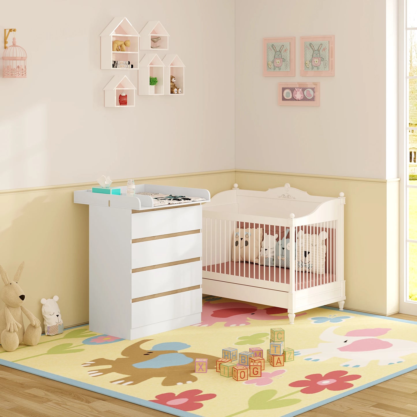 WOLTU White Baby-Kids MDF Wood 4 Large Drawers Diaper Changing Tables Dresser Combo