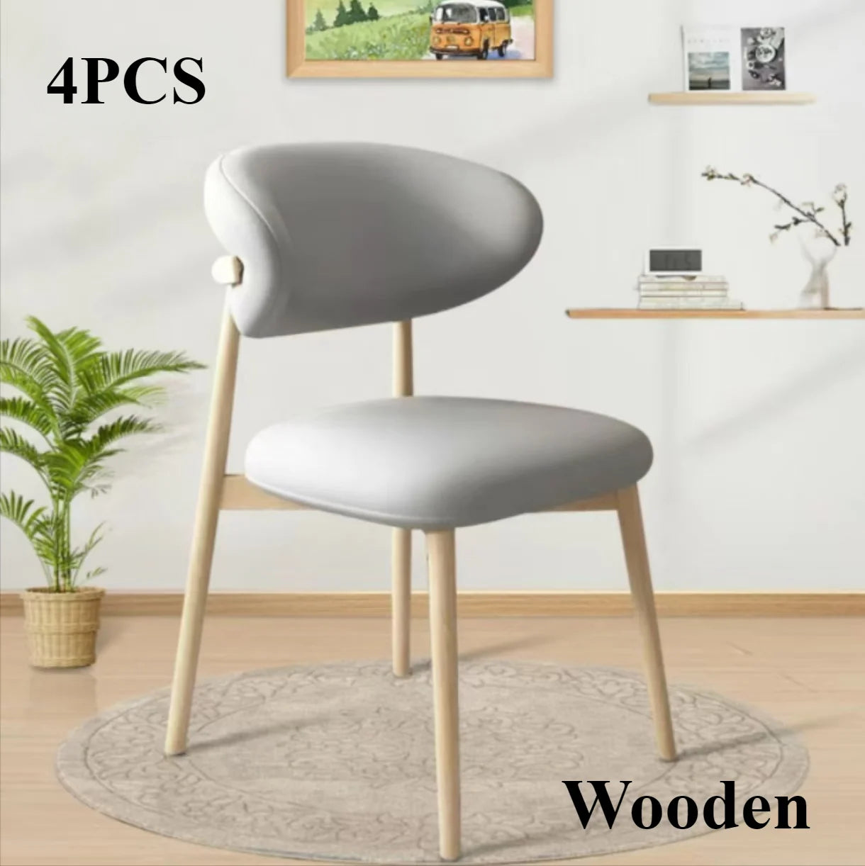 HUANHUI Cafe Genuine Leather Upholstered Curved Back Large-Soft Cushion Armless Dining Chairs/ 4 Wood Legs/ Colors-White/Black/Gray/Beige