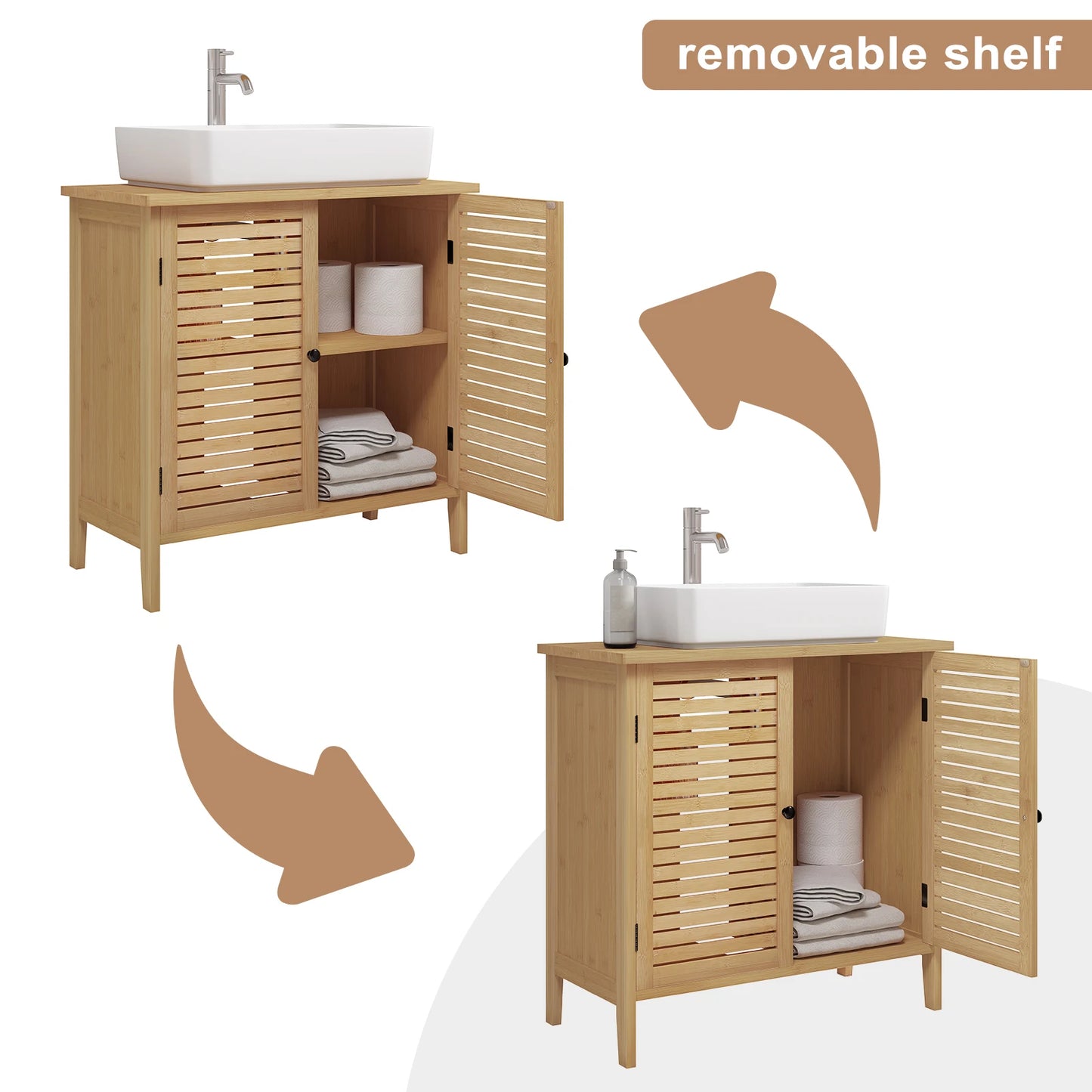 No-EN-Name-Null Modern Beige-Brown Bamboo Wood Two Door Adjustable Shelves Metal Accessories Sink Bathroom Cabinets /Colors-Brown/Beige/Sizes: 60x30x60cm