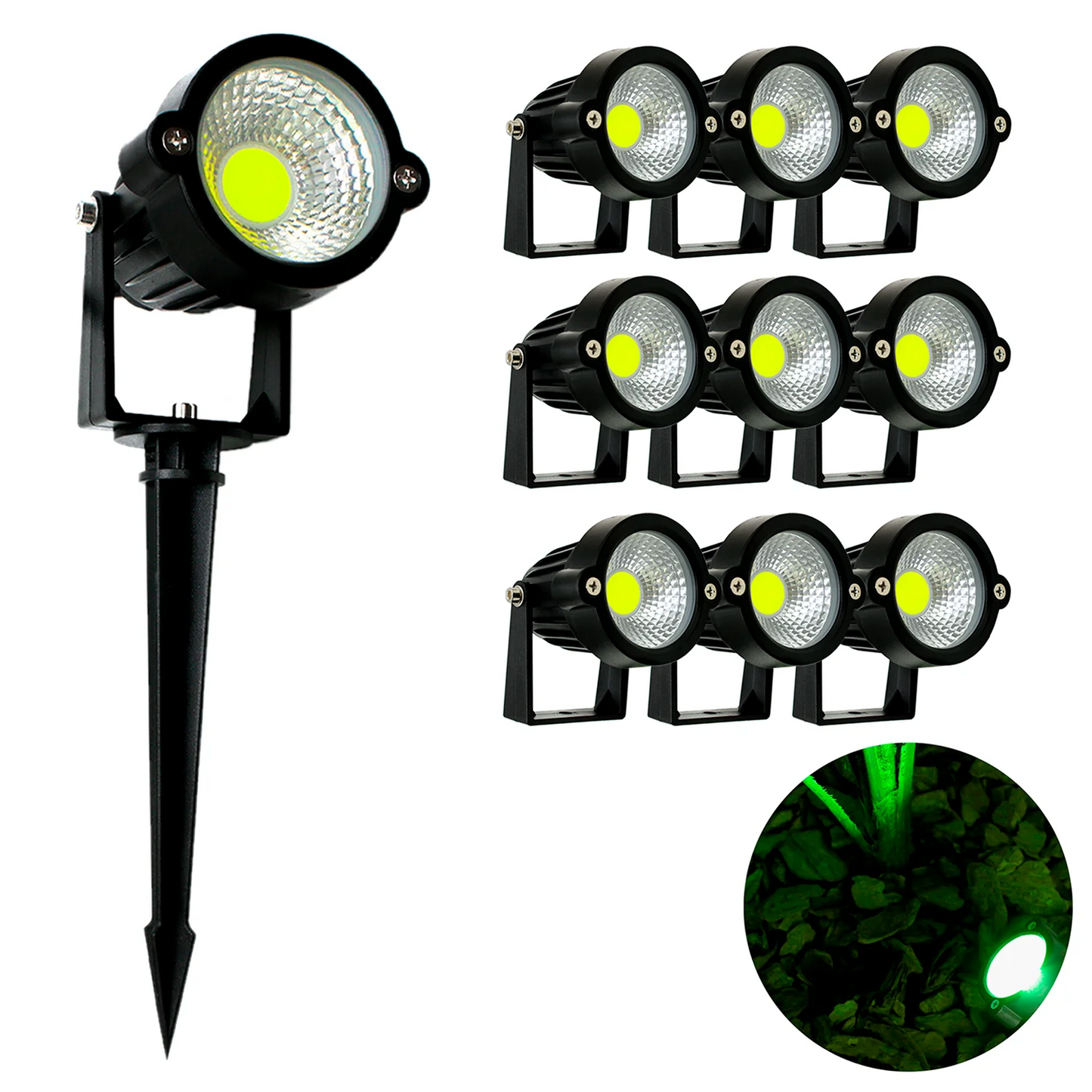 RY Brand Outdoor Garden 10 PCS Dimmable AC-Powered Cool-Warm White-Green Lights Display Black Round COB LED Underground Plastic Stake Lights Sets/Colors-Black/Green/White/Multicolor/Bulbs Included