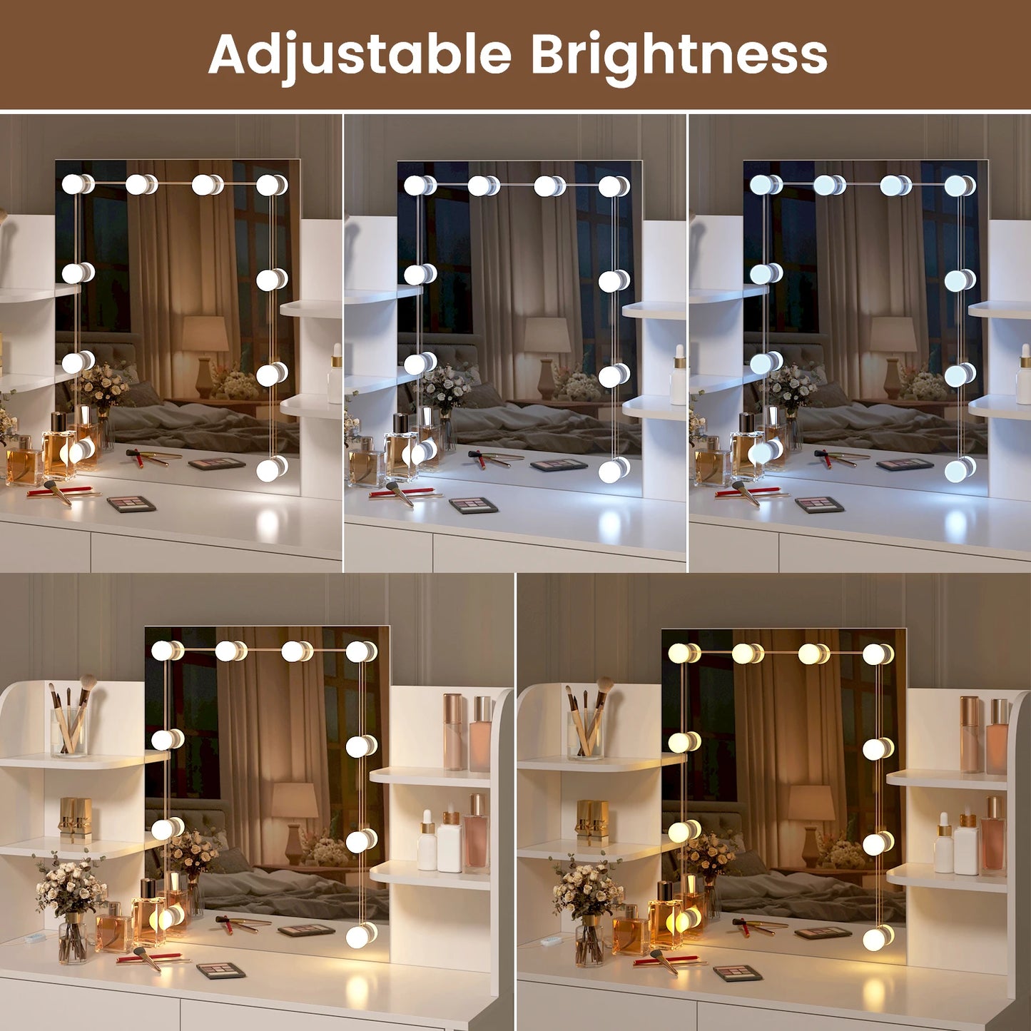Wood White Vanity Dressing Table Set w/ LED Lighting for Stool/ Height-Adjustable Chair/ Table -108 x 142 x 40 cm (W x H x D)
