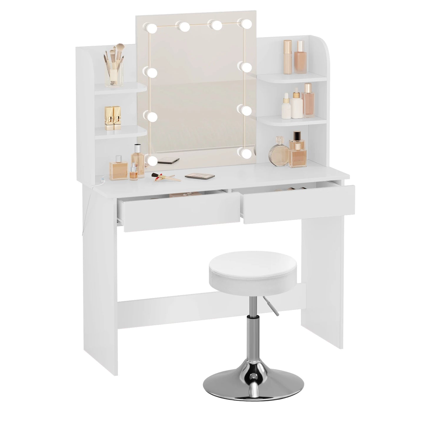 Wood White Vanity Dressing Table Set w/ LED Lighting for Stool/ Height-Adjustable Chair/ Table -108 x 142 x 40 cm (W x H x D)