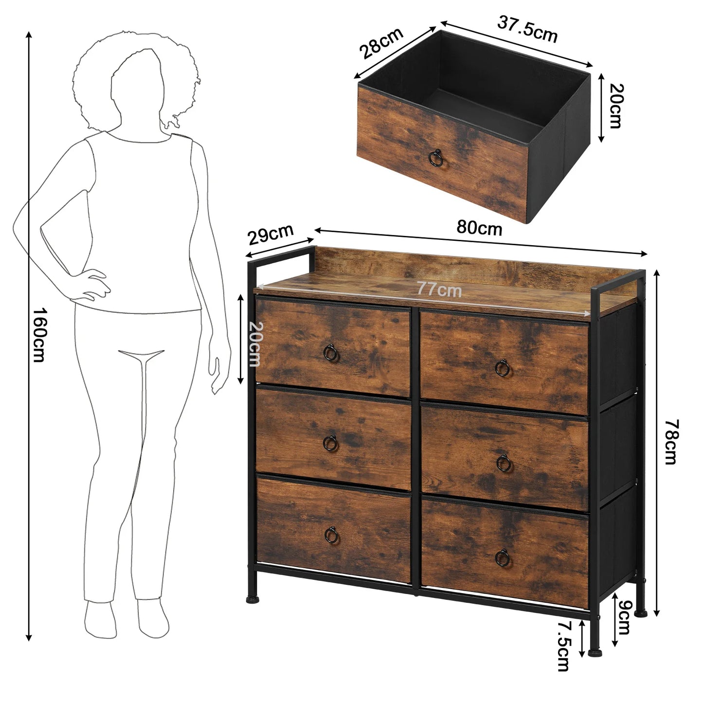 WOLTU Modern Rectangle Shaped Rustic Brown-Black Metal Frame Anti-Tilt Protection MDF Wood Storage Chest Adjustable Non-Slip Foot Gliders Six Non-Woven Fabric Drawers/Colors-Brown/Black/White