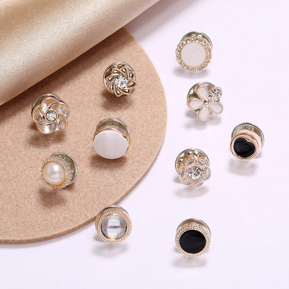 10pcs Button Brooch Set Imitation Pearl Rhinestones Pin Coat Clothes Accessories Gift Prevent Exposure Brooches for Women