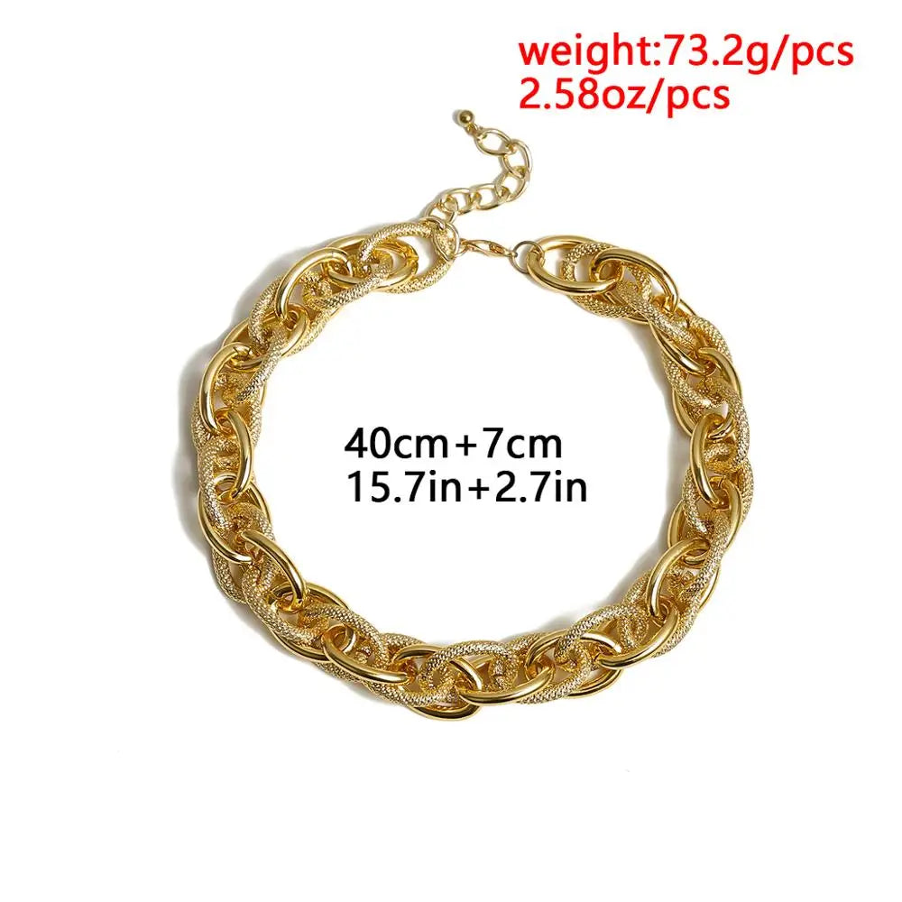 SALIRCON Adult Women Fine Imitation Metal Alloy Gold Geometric Round Shaped Punk Cuban Thick Chain Chunky Choker Necklace-Bracelet Jewelry Sets
