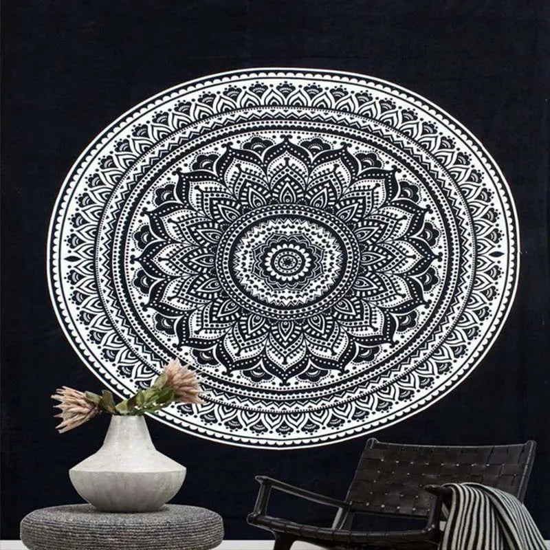 Geometric Color Printed Black Background Mandala Wall Hanging Cotton-Polyester Tapestries