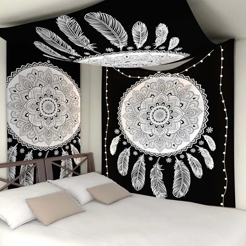 Geometric Color Printed Black Background Mandala Wall Hanging Cotton-Polyester Tapestries