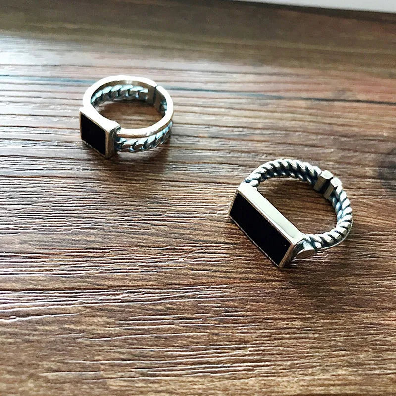QMCOCO Adult Women Metal Rectangle Flat Silver-Black Stone Design Adjustable Wedding Bands Imitation Round Rings