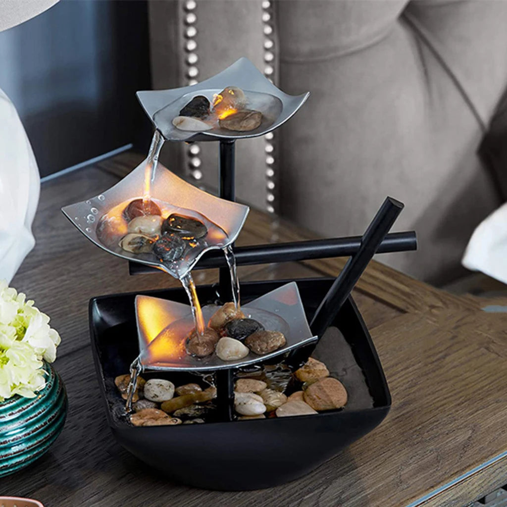 Indoor Small 3-Tiers Metal Silver Squares Pebbles Flowing Water Iron Black Bowl Desktop Fountains