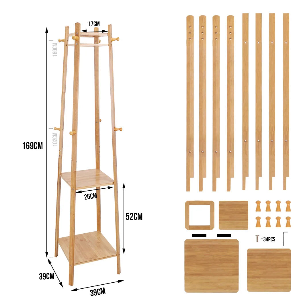 BINGOPAW Modern Free-Standing Brown-Beige Bamboo Wood Two Shelves Eight Hooks Cloths-Coat Garment Racks/ Colors-Brown/Beige