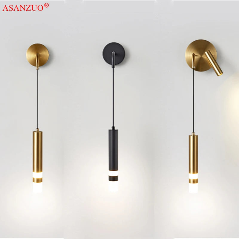 Modern Shadeless LED Aluminum-Acrylic Wall Mounted Painted Hanging Cord Round Cylindrical Wall Lamps/Colors-Black/Gold