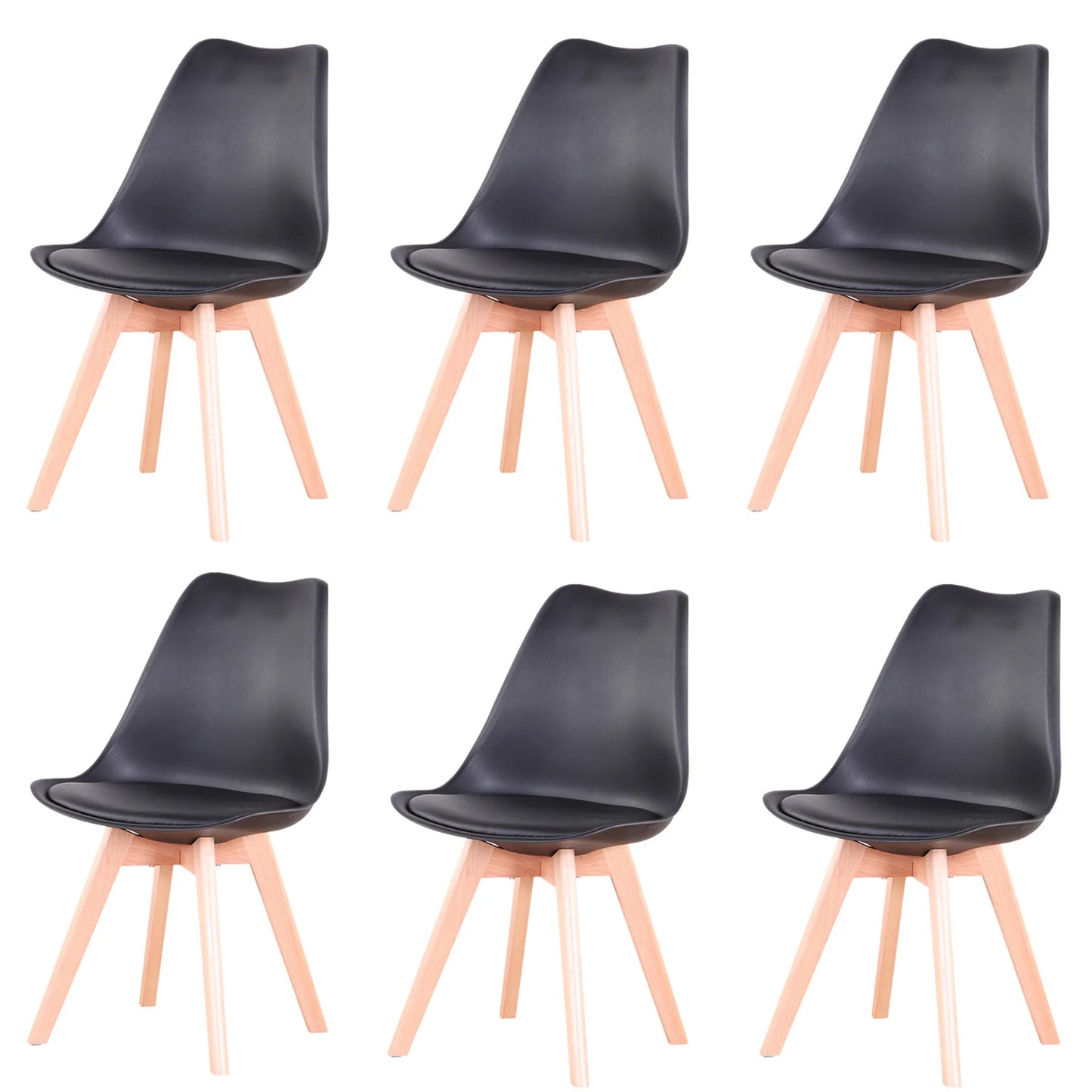 2/4/6 pcs Mid-Century Dining Black Plastic Shell Backrest Lounge Upholstered Faux Leather Cushion Paver Chairs/ Solid Beech Wood Legs