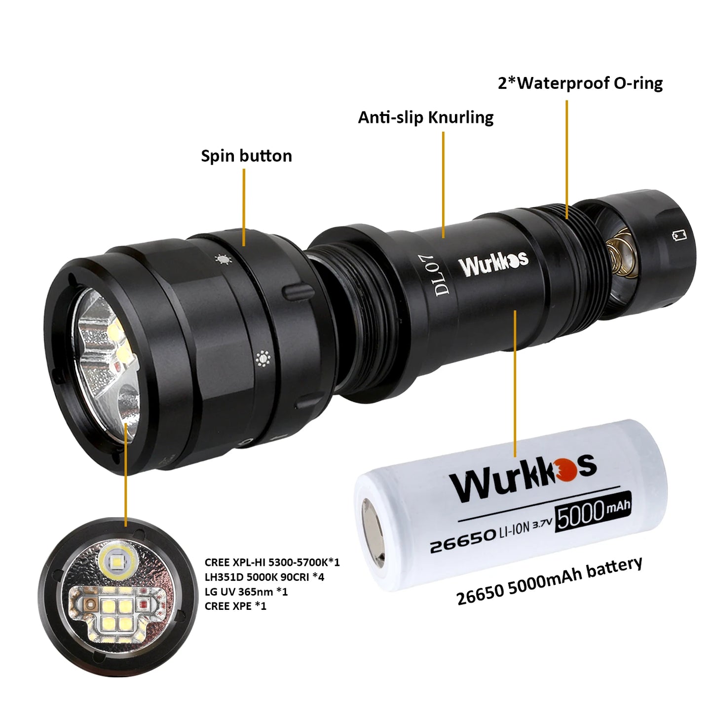 Wurkkos DL07 Dive Flashlight Mulit Color LED White Red Light Rechargeable Rotary Switch Waterproof Powerful 26650 Flood and Spot
