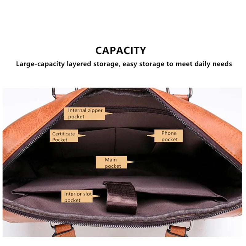 JEEP BULUO Men Faux Leather Shoulder Straps-Handle Briefcase Polyester Bags/For 14 Inch Laptop/Pockets/Laptop Compartment/Colors-Brown/Black