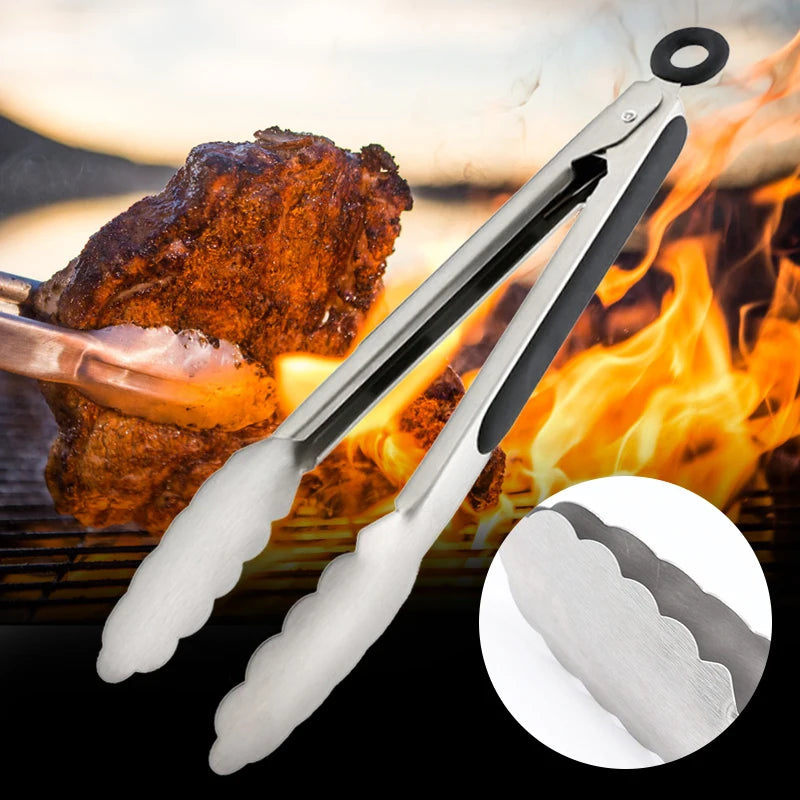 9-12-16 Inch Kitchen Long Silver Stainless Steel Non-Slip Black Silicone Handle BBQ Tongs/Lock-Hanging Hole/ High Temperature Resistant