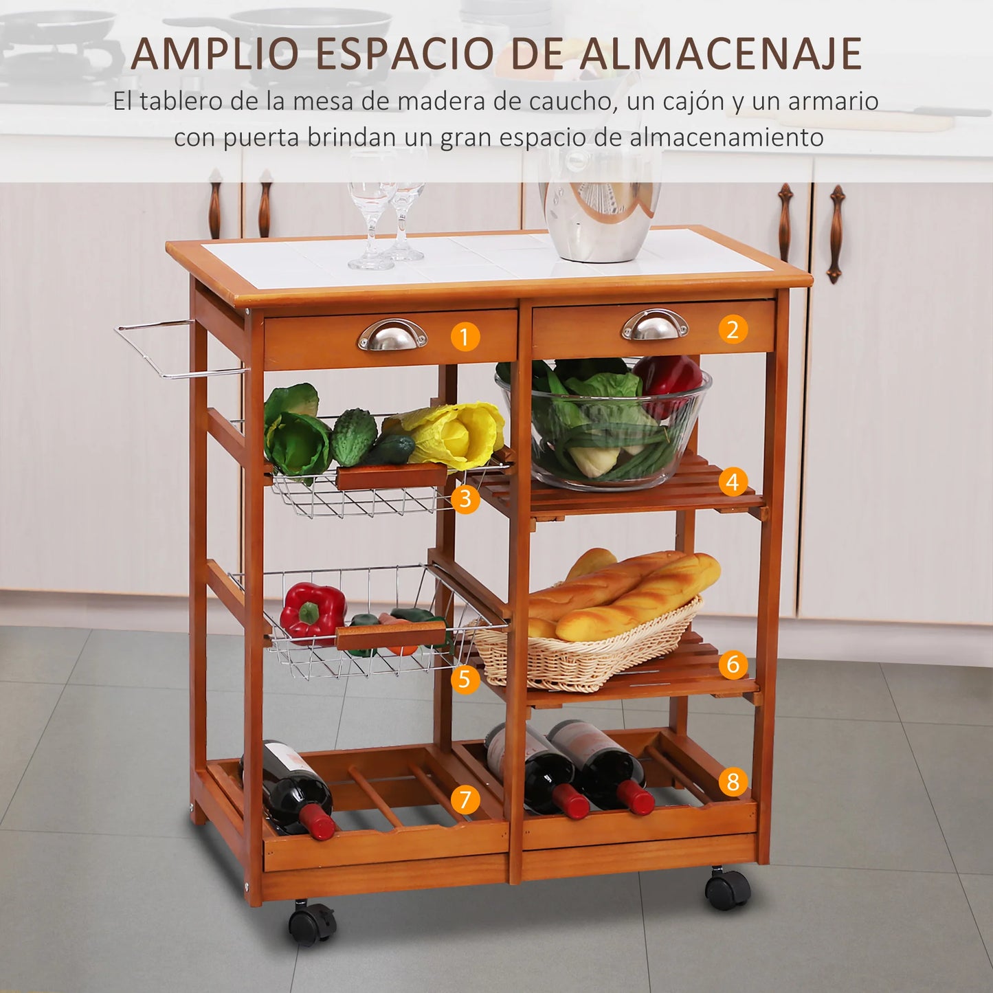 HOMCOM Brown Kitchen Ceramic Top Carts /4 Wheels w /2 Wired Baskets/2 Wood Shelves/Bottom Wine Bottle Shelf