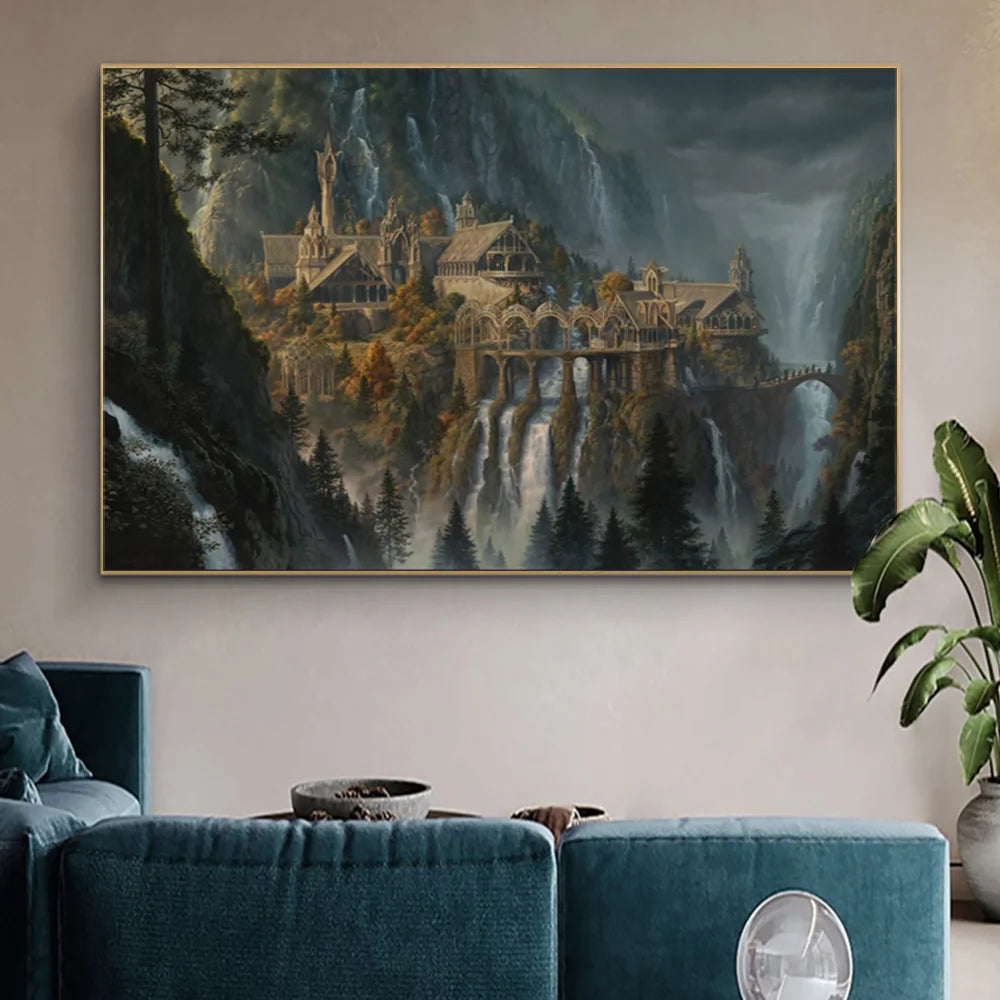 Unframed Canvas Waterproof Ink Middle-Earth Rivendell Landscape Art Prints/ Colors-Green/Beige