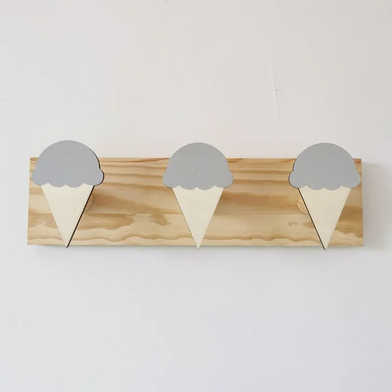 Girls Wood Cartoon Animal Rabbits-Ice Cream-Fairies 3 Hooks Wall Mounted Coat Rack