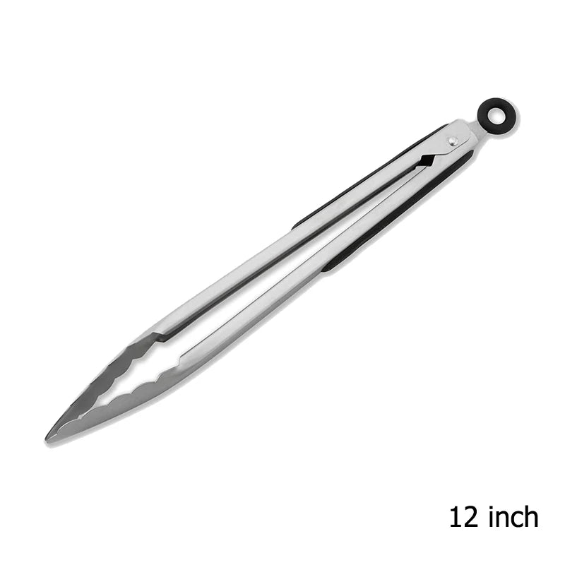 9-12-16 Inch Kitchen Long Silver Stainless Steel Non-Slip Black Silicone Handle BBQ Tongs/Lock-Hanging Hole/ High Temperature Resistant