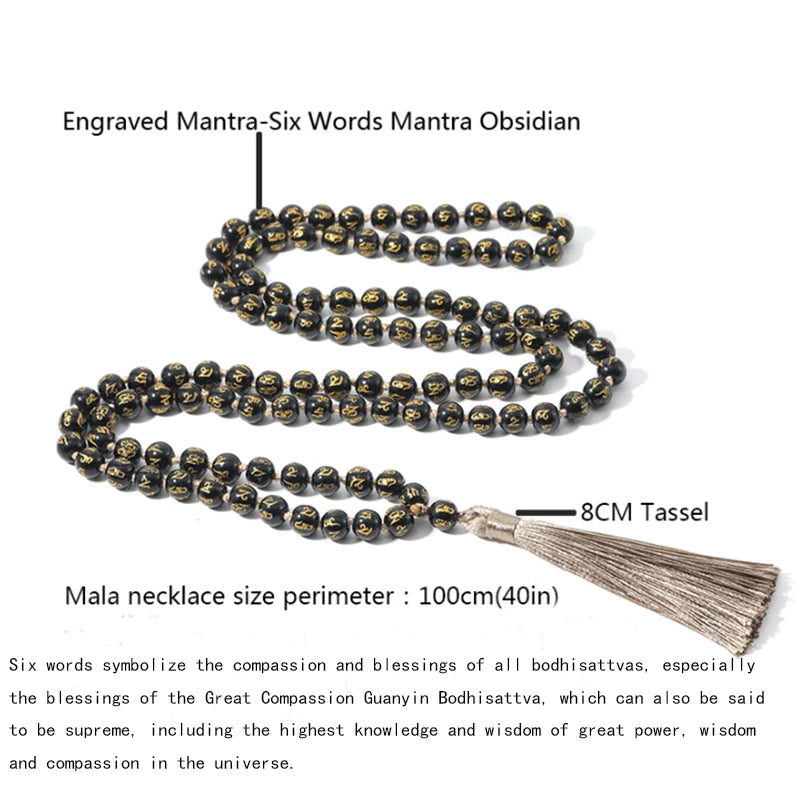 Adults Unisex Black-Gold Colored Engraved Mantra Six Words Mantra Obsidian Blessings Round Beaded-Knotted Tassel Imitation Necklaces
