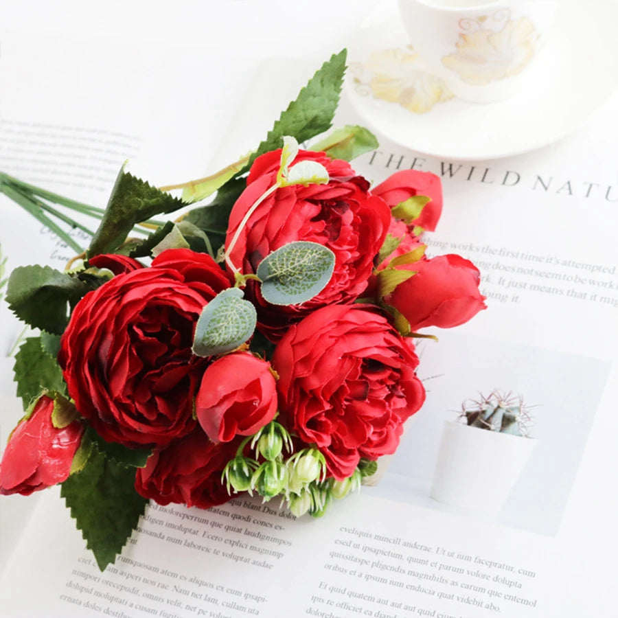 Artificial Floral Rosales Silk-Plastic-Wire Peony Rose Bouquets