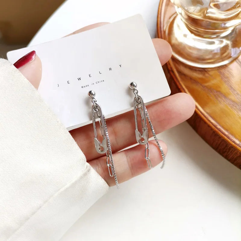 Women Creative Metal Pin-Chain Imitation Geometric Tassel Drop Earrings