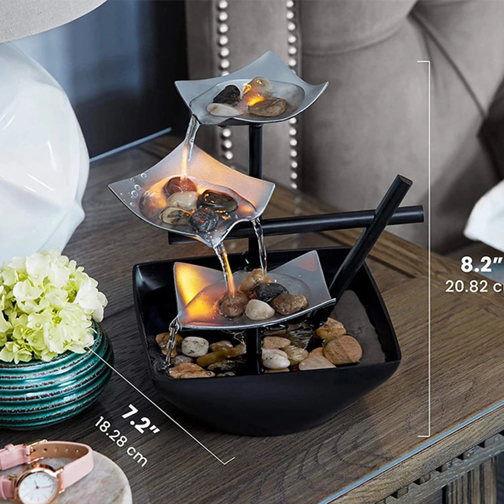 Small 3-Tiers Metal Silver Square Flowing Iron Black Bowl Pebble Desktop Fountains /Colors-Black/Silver/US Plug