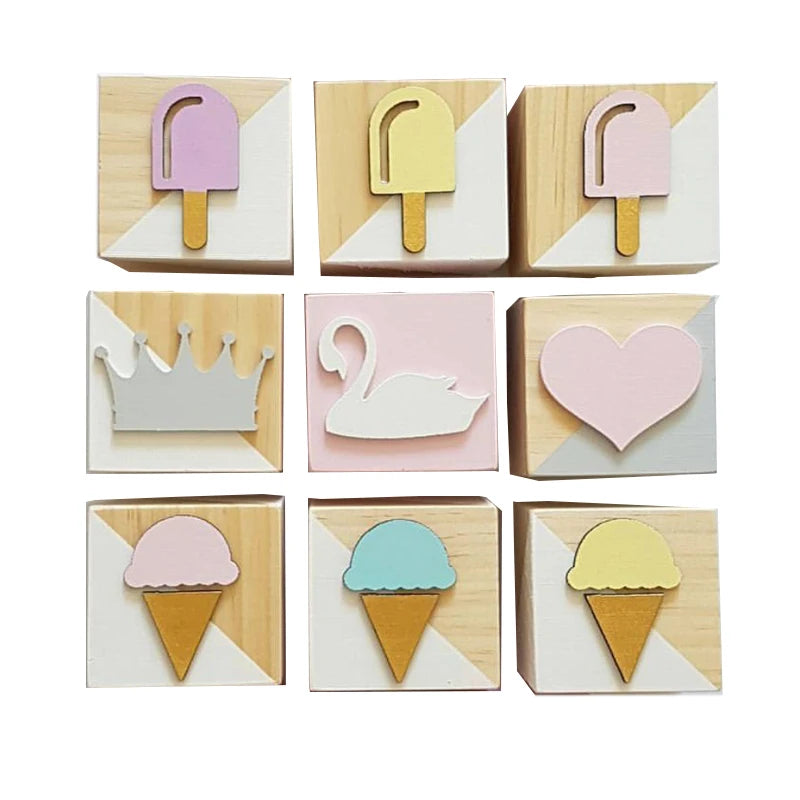 Unisex Room Decoration Customized Square Nature Wood Blocks With A Hearts-Swan-Crown-Popsicles-Ice Cream Cones-Gold Eyelashes Blocks/Colors-White/Pink/Purple/Gray/Gold