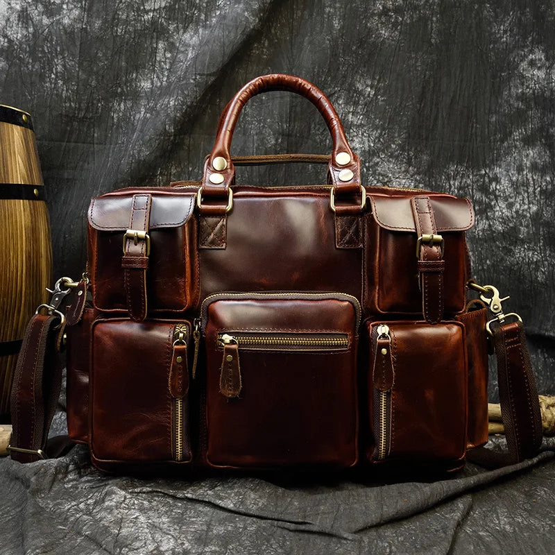 Men Luufan Vintage Zipper Cow Leather Briefcase Bags/Fits 15.6 Inch Laptop/Handles/Shoulder Straps/Single-Laptop Compartments/External Pockets/