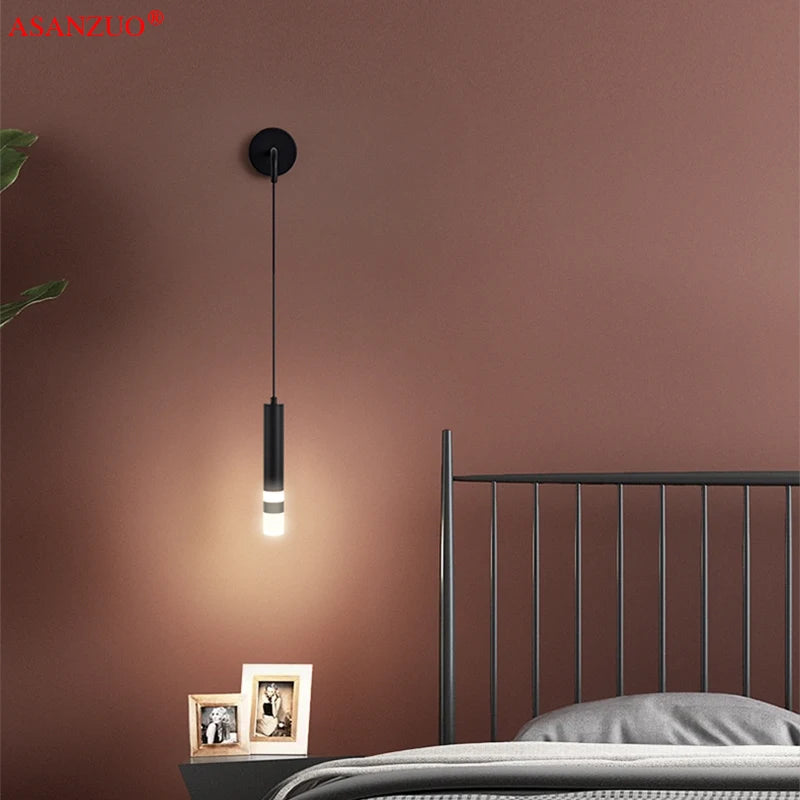 Modern Shadeless LED Aluminum-Acrylic Wall Mounted Painted Hanging Cord Round Cylindrical Wall Lamps/Colors-Black/Gold