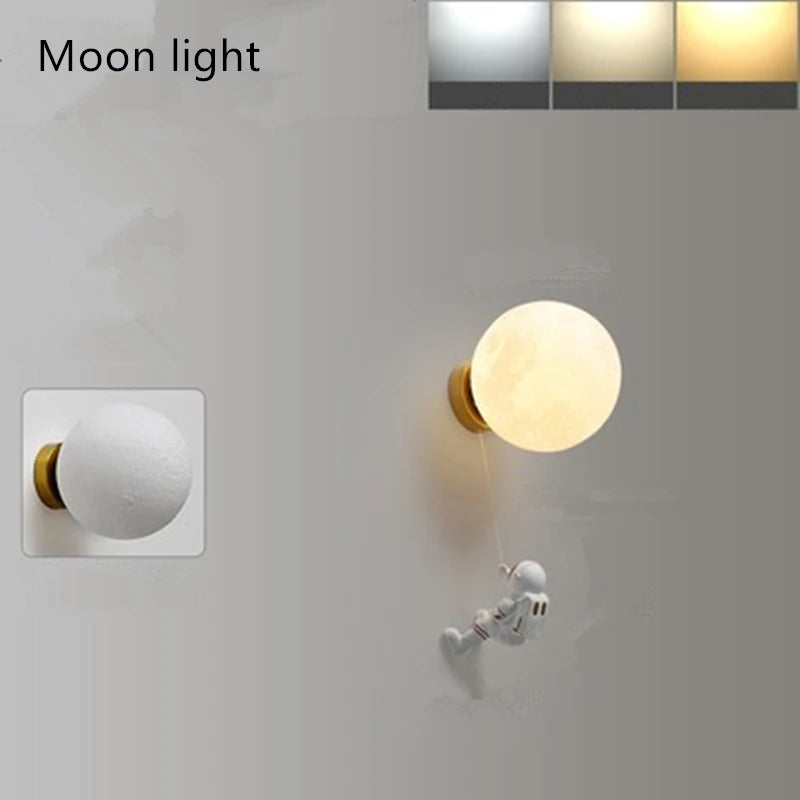 Kids Iron 3 LED Soft Light Color Glass 3D Printed Lampshade Cartoon Astronaut Resin Climbing A Adjustable Dropout Rope To The White Aura Full Moon Wall Mounted Lamps/Colors-Blue/Yellow/White/Beige