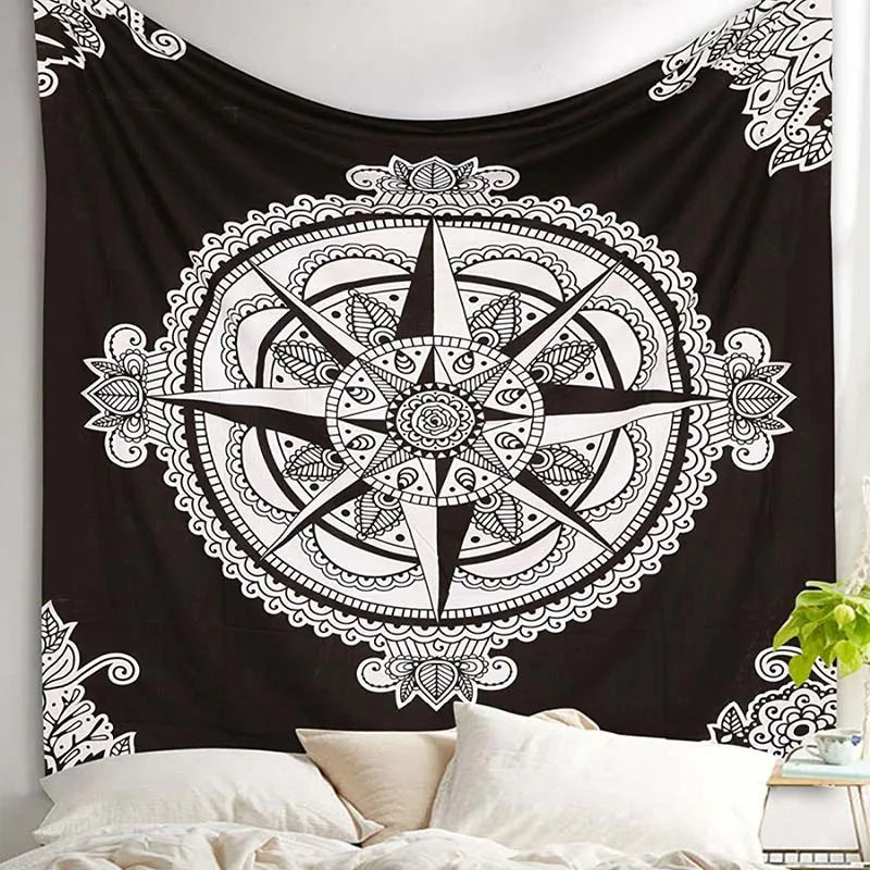 Geometric Color Printed Black Background Mandala Wall Hanging Cotton-Polyester Tapestries