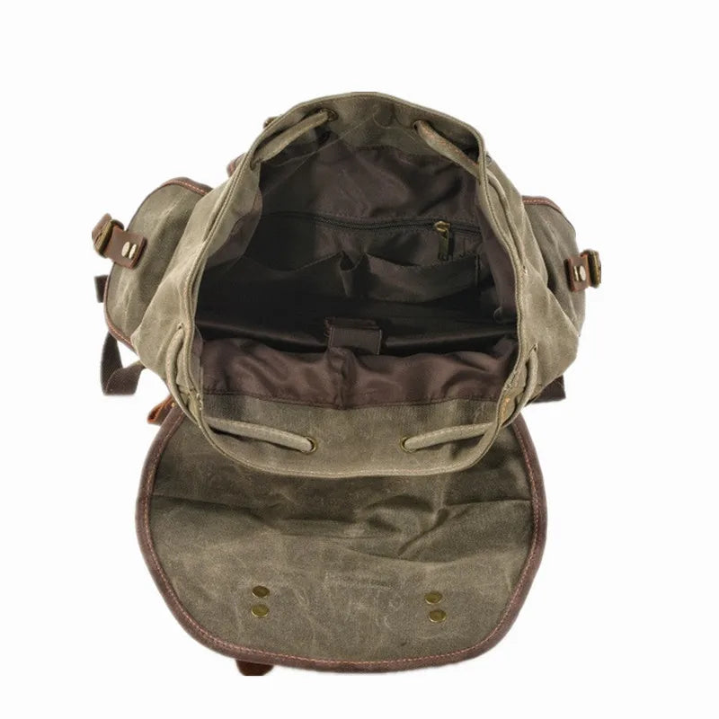 Unisex Military Hiking Interior Zipper Canvas Leather Polyester Over Flap-Belt Design Backpacks/Single Laptop Compartment/ Shoulder Strap/Handles/Interior Pockets-External Pockets/Colors-Green/Gray/Brown/Black/Animal