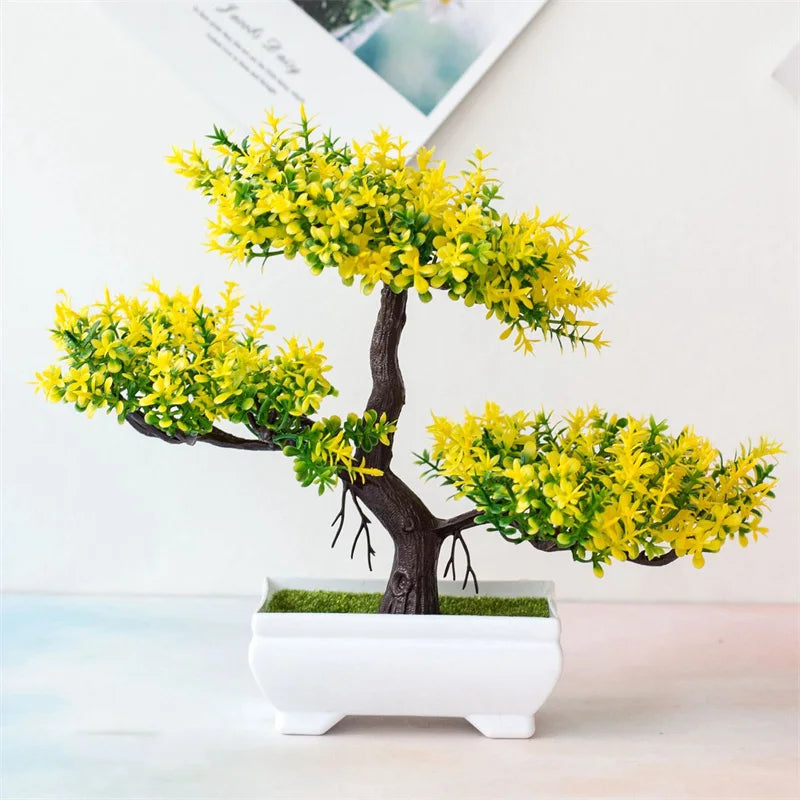 Indoor Artificial Plastic Non-Flowering Small Magnoliopsida Bonsai Tree-Rectangle Pot/Colors-Green/Purple/Yellow