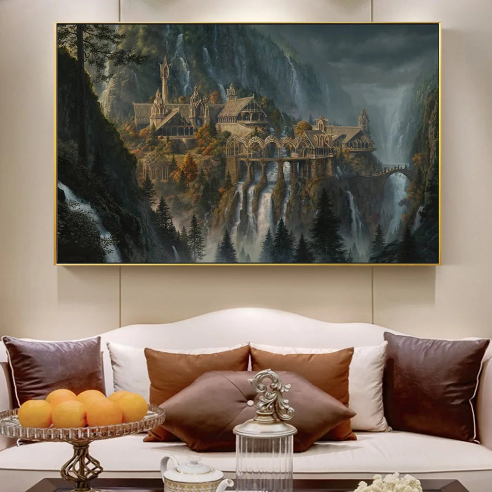 Unframed Canvas Waterproof Ink Middle-Earth Rivendell Landscape Art Prints/ Colors-Green/Beige