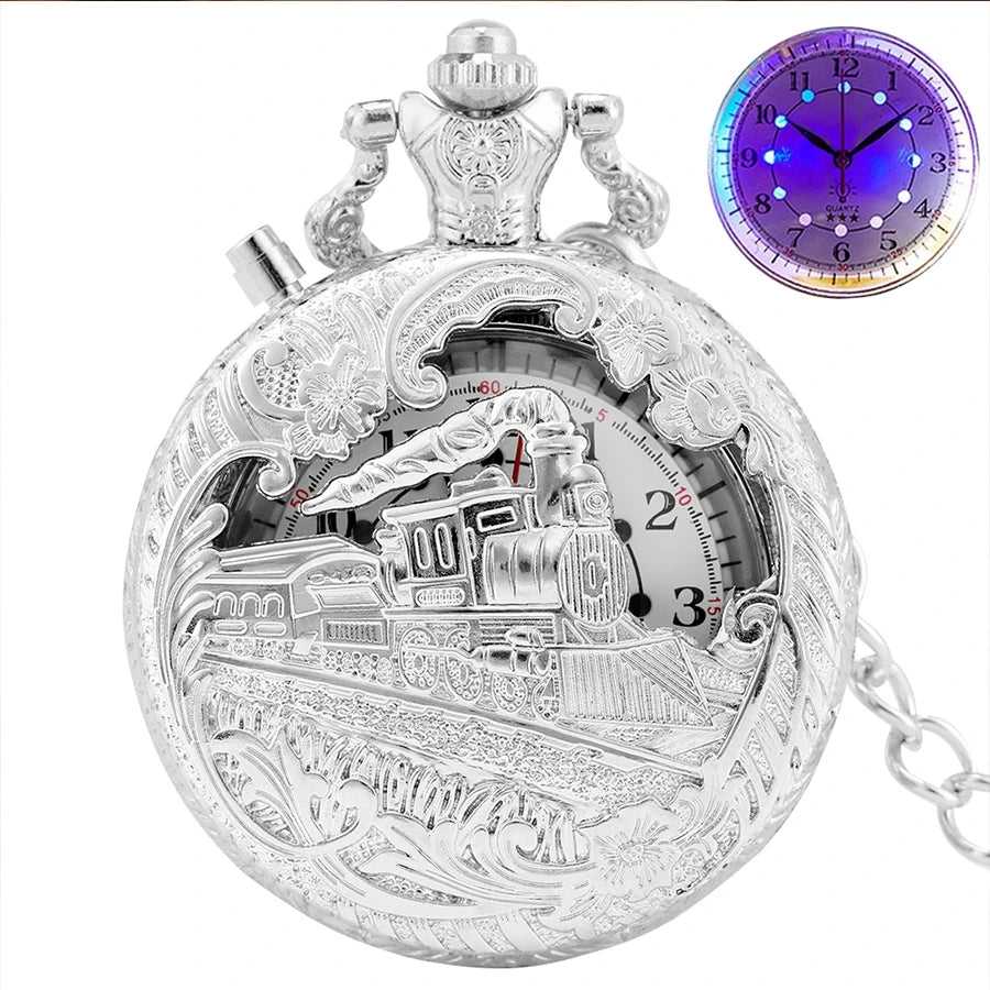 YISUYA Adults Antique Japanese Quartz Analog Display Acrylic Face Round Shaped Metal Alloy Case Hollow-Out Engraved Locomotive Train Floral Front Design Luminous LED Light Gold Chain-Pocket Watches /Colors-Gold/Bronze/Silver