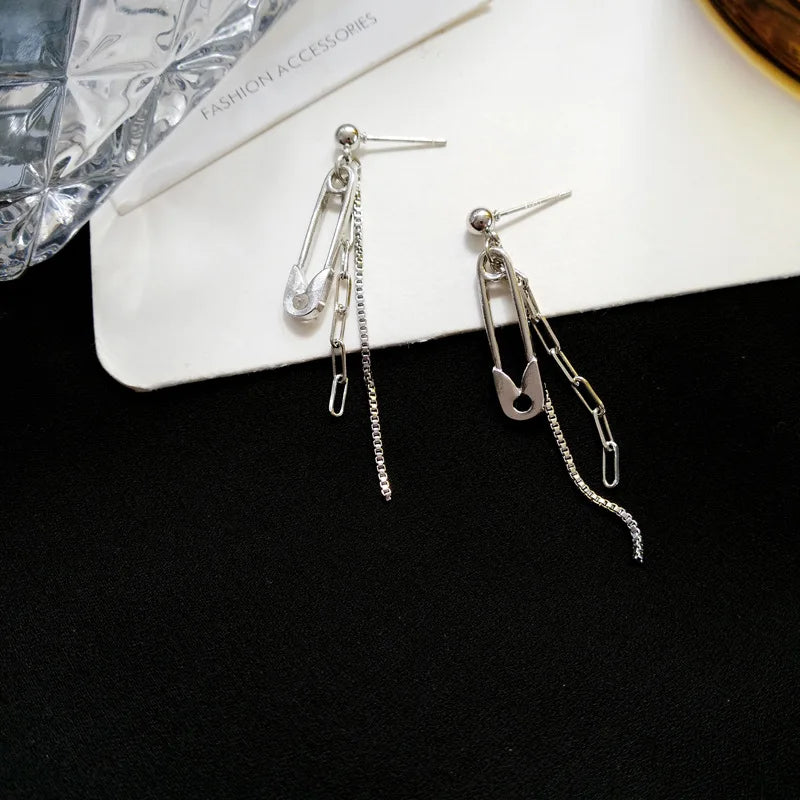 Women Creative Metal Pin-Chain Imitation Geometric Tassel Drop Earrings