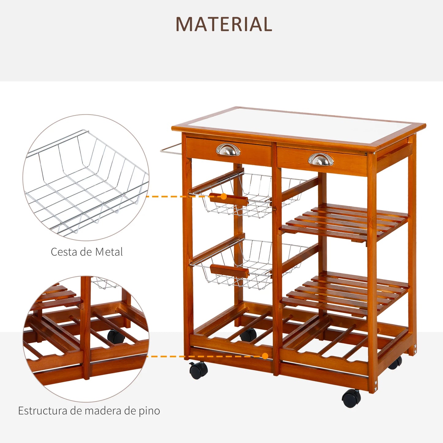 HOMCOM Brown Kitchen Ceramic Top Carts /4 Wheels w /2 Wired Baskets/2 Wood Shelves/Bottom Wine Bottle Shelf