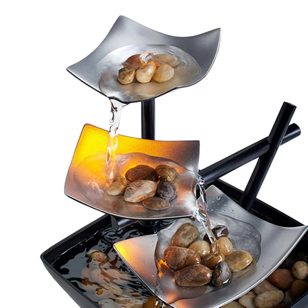 Small 3-Tiers Metal Silver Square Flowing Iron Black Bowl Pebble Desktop Fountains /Colors-Black/Silver/US Plug
