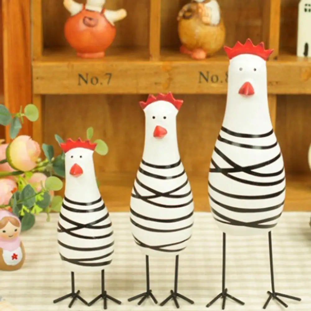 3PCS-Set Painted Carved Wood Chicken Figurines/Colors-Multicolor