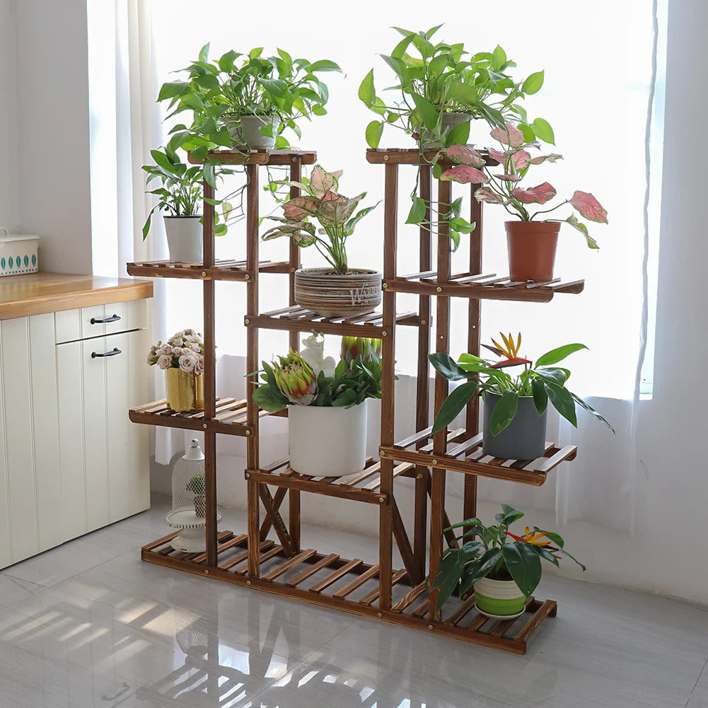 BINGOPAW Brown Pine Wood 9 Multi-Functional Tier Shelves Metal Screws Flower-Plant Stands /Dimension: 116 x 115cm/ 46x45in