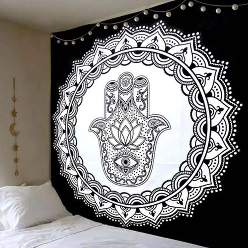 Geometric Color Printed Black Background Mandala Wall Hanging Cotton-Polyester Tapestries