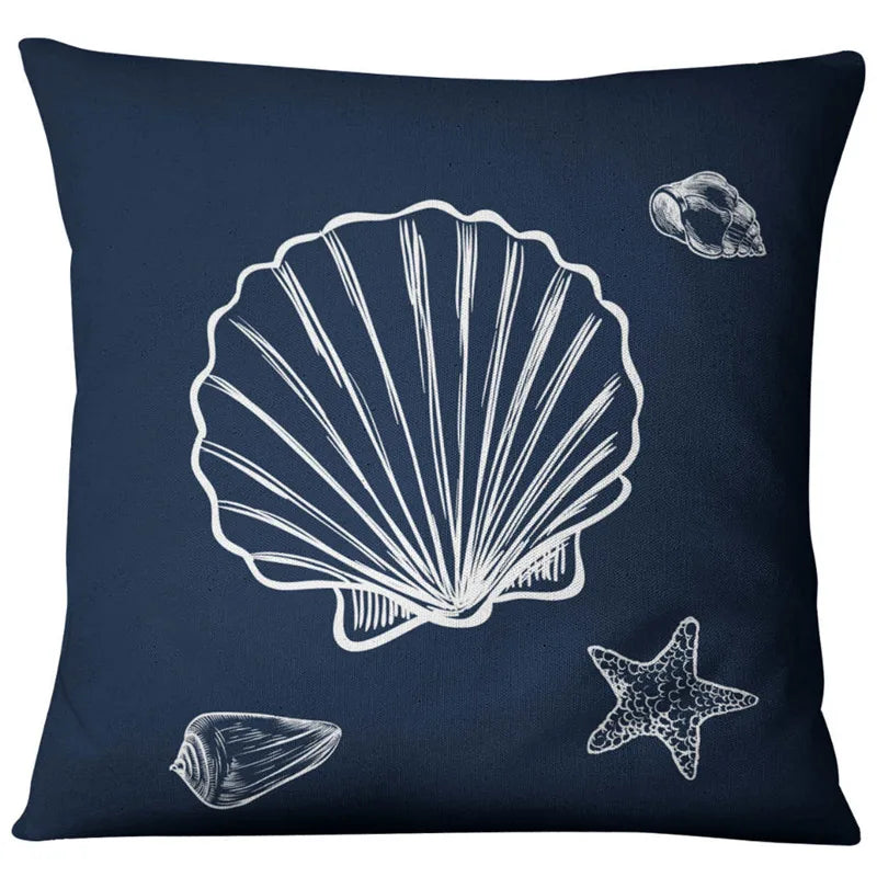 Blue Shell Starfish Linen / Cotton Throw Pillow Cover /Colors-Blue/Red/Animal