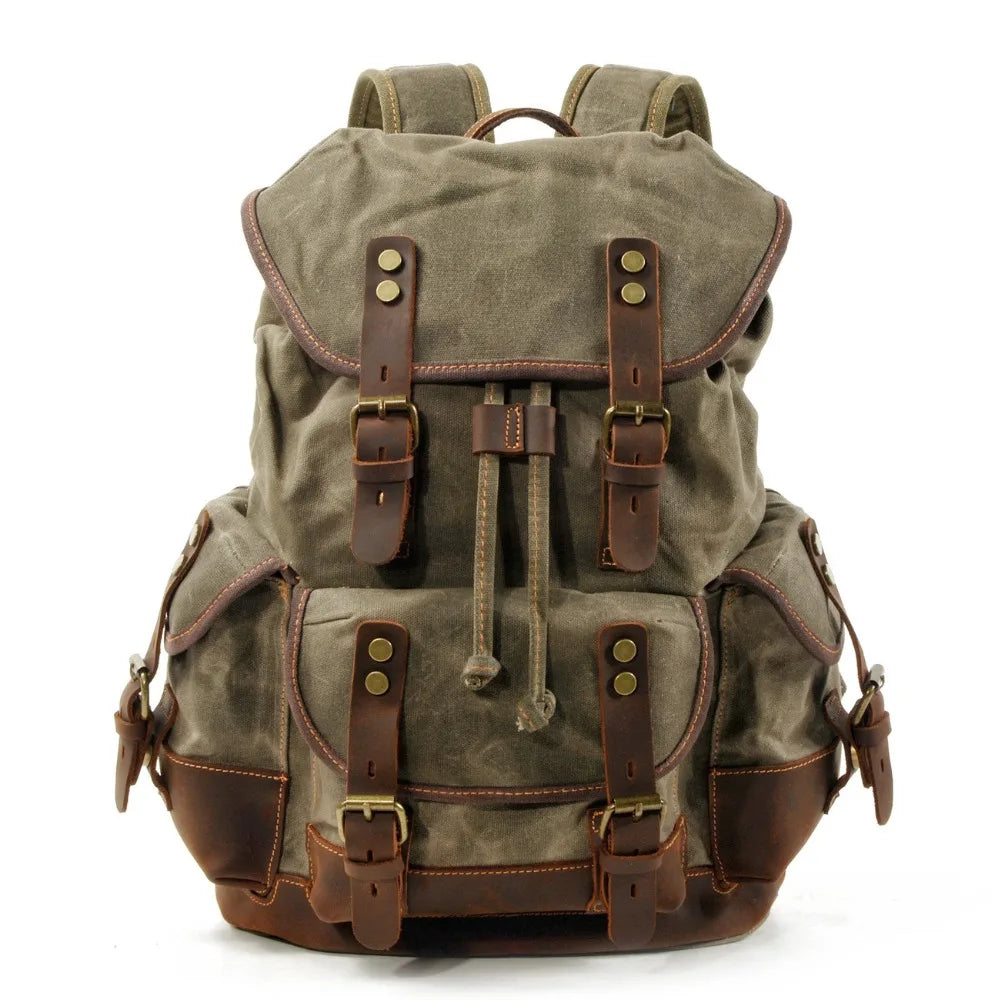 Unisex Military Hiking Interior Zipper Canvas Leather Polyester Over Flap-Belt Design Backpacks/Single Laptop Compartment/ Shoulder Strap/Handles/Interior Pockets-External Pockets/Colors-Green/Gray/Brown/Black/Animal