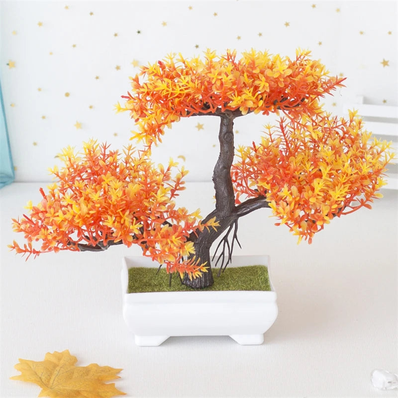 Indoor Artificial Plastic Non-Flowering Small Magnoliopsida Bonsai Tree-Rectangle Pot/Colors-Green/Purple/Yellow