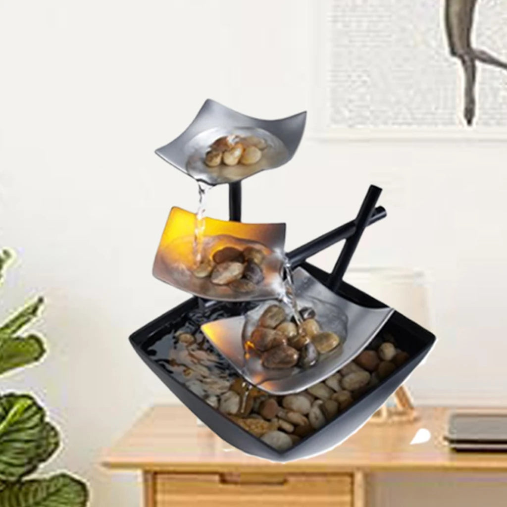 Indoor Small 3-Tiers Metal Silver Squares Pebbles Flowing Water Iron Black Bowl Desktop Fountains