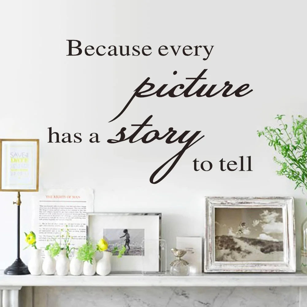 NULL Home Decor Accents Waterproof Sunscreen Non-Toxic Saying Because Every Picture Has A Story To Tell Quotes Removable Vinyl Romantic Wall Art Decals-Stickers / Size: 30 x 24cm/ Colors- White/Black/Multicolor